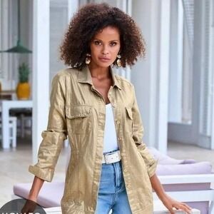 Boston Proper Jacket Metallic Brushed Linen Utility Womens Extra Small Gold